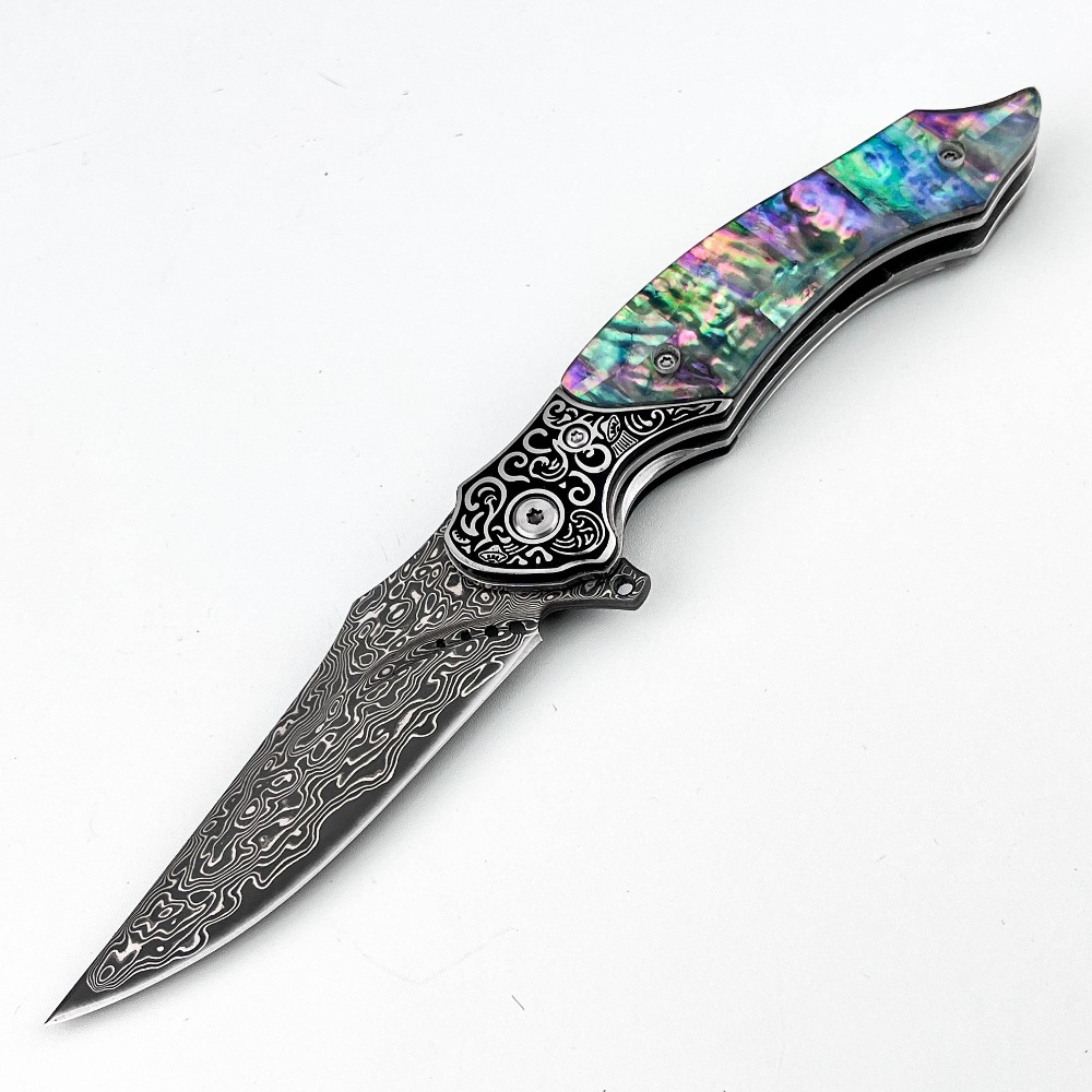 Vintage Collectible Pocket Knives - Neues Vintage-Messer mit Damastmuster-Klinge, schillerndem Abalone-Muschelgriff,