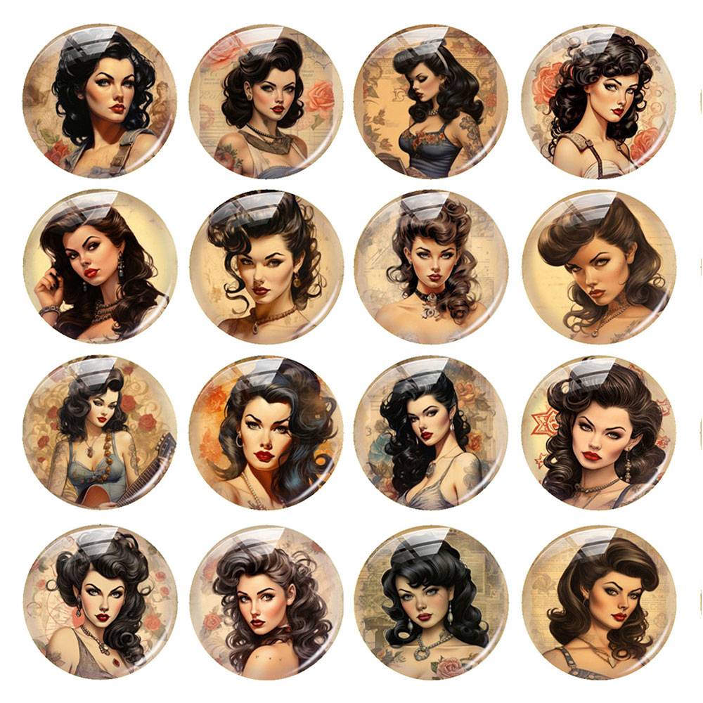 Vintage Collectible Item - Zufällig gemischte runde/ovale/quadratische Vintage-Glas-Cabochons mit Tattoos,