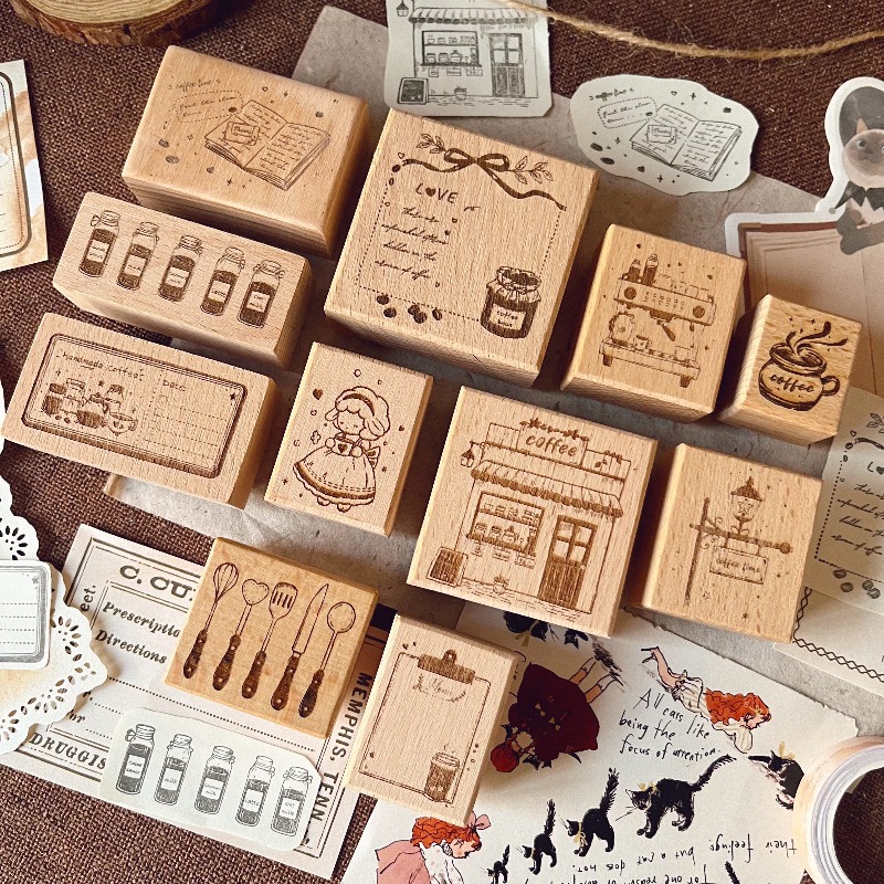 Vintage Collectible Stamps - Moonlight INS Vintage Kaffee-Thema Holz-Gummistempel DIY